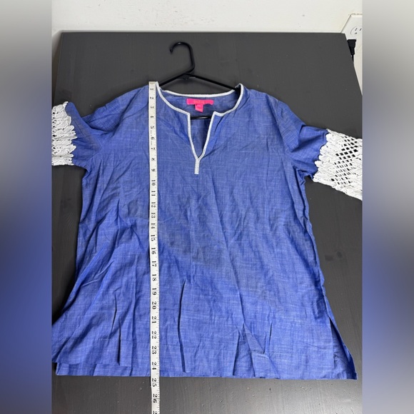 Lilly Pulitzer Chambray/ French Blue Tunic with Lace Bell Sleeves - Picture 8 of 8
